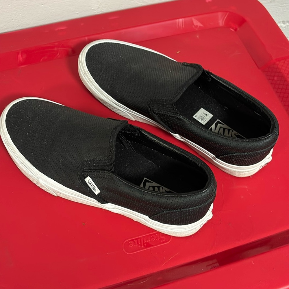 Men’s black perforated leather slip on vans size 9.0